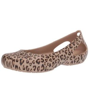 Crocs Leopard Print Ballet Flats with Black Faux Fur Pom Poms Size 8